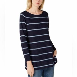 Eileen Fisher Women's Navy Striped Boat Neck Sweater Size XS Merino Wool Blend